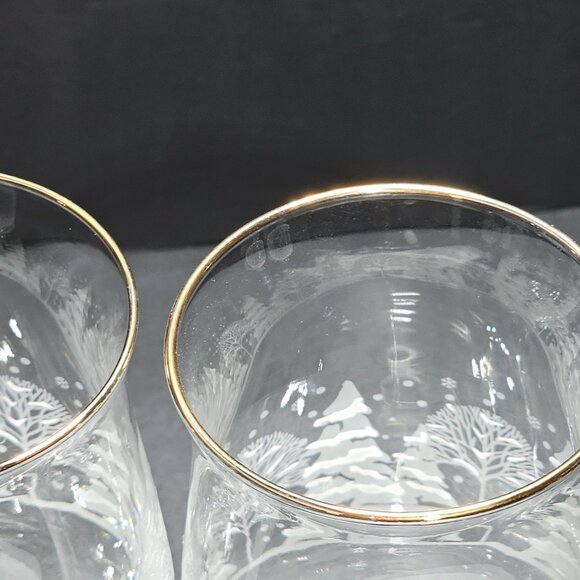 2 Lynns China Pines Water Goblets 7" gold winter scene white silhouette trees ho - Picture 4 of 7